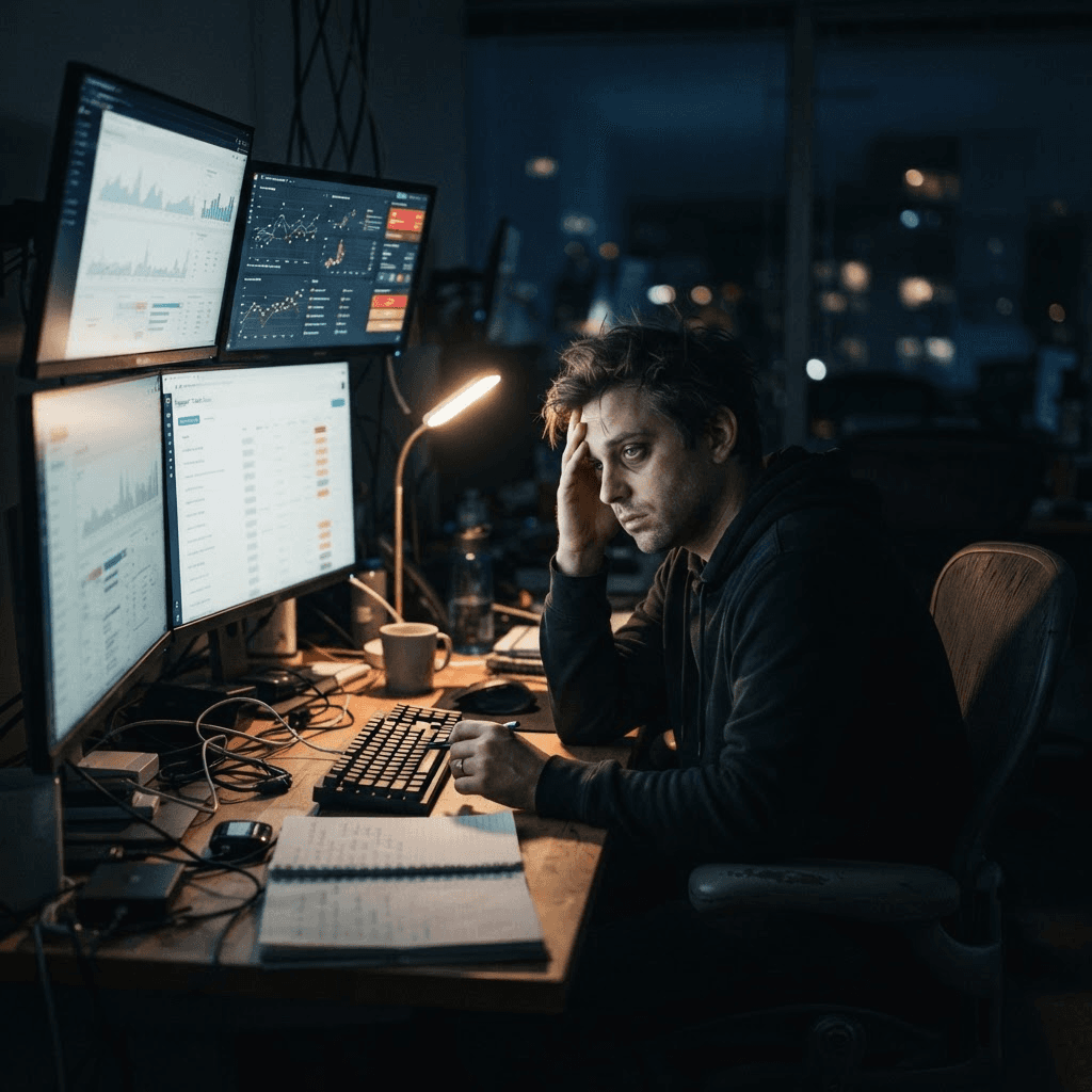 A founder alone at a desk late at night, surrounded by monitors showing dashboards and alerts