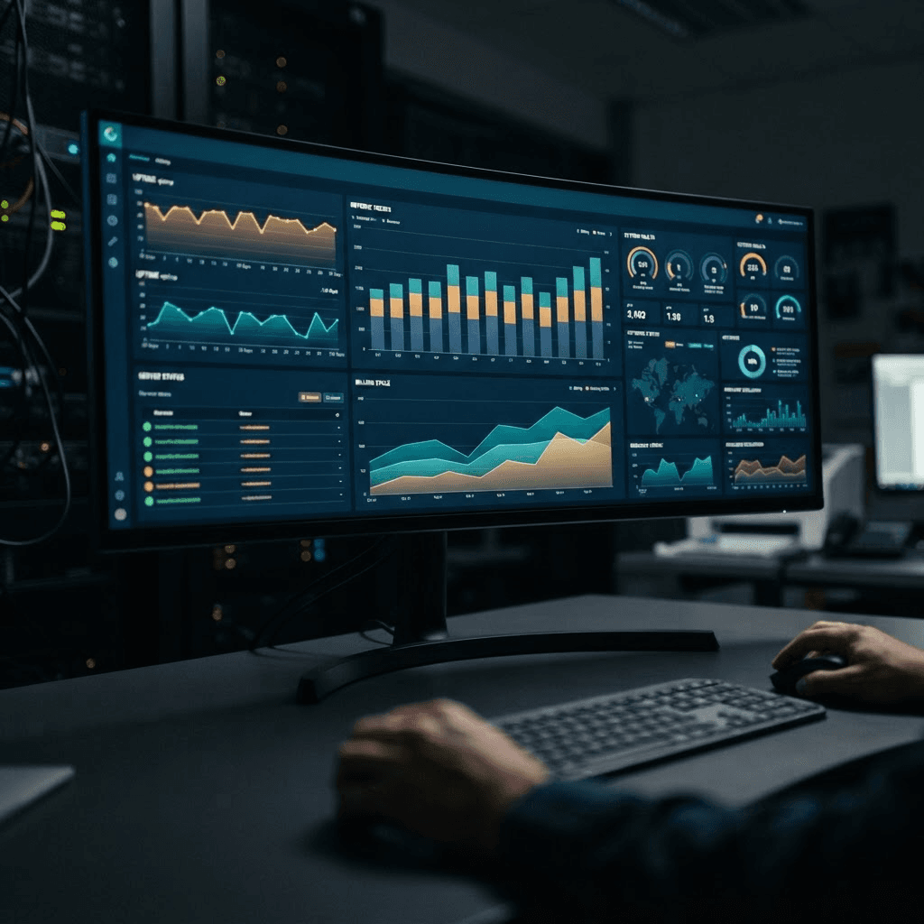 A glowing operations dashboard showing uptime, billing, and system health charts
